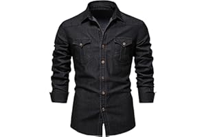 Men Retro Washed Denim Shirts Long Sleeve Slim Fit Button Down Untucked Shirts Lightweight Jacket Denim Workshirt