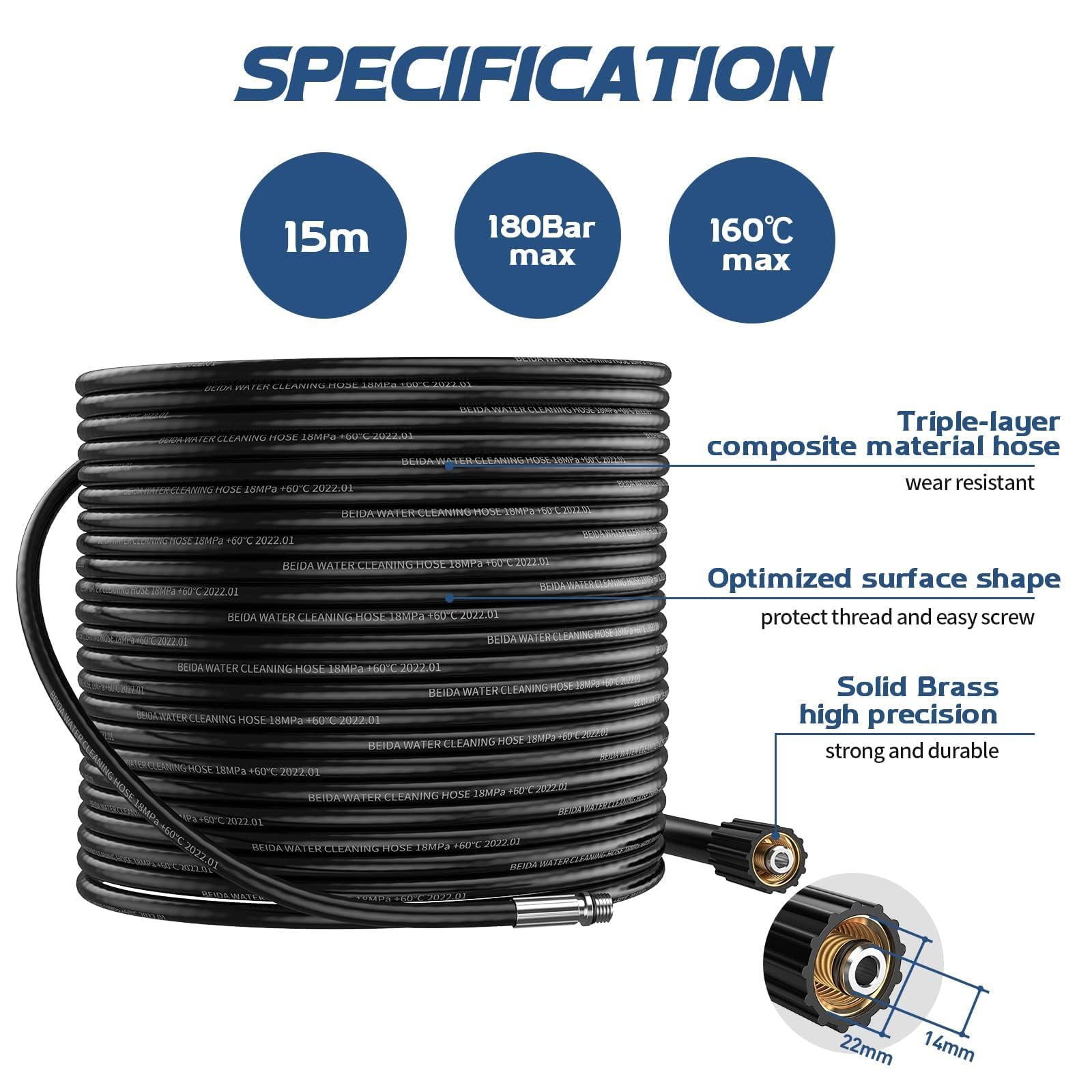 15M Rohrreinigungsschlauch für Kärcher K2 K3 K4 K5 K6 K7 HD HDS, 180Bar Rohrreinigungsset mit Düsen Starr + Rotierend, Adapter Kompatible für Hochdruckreiniger Lavor Parkside & Bosch Zubehör 2