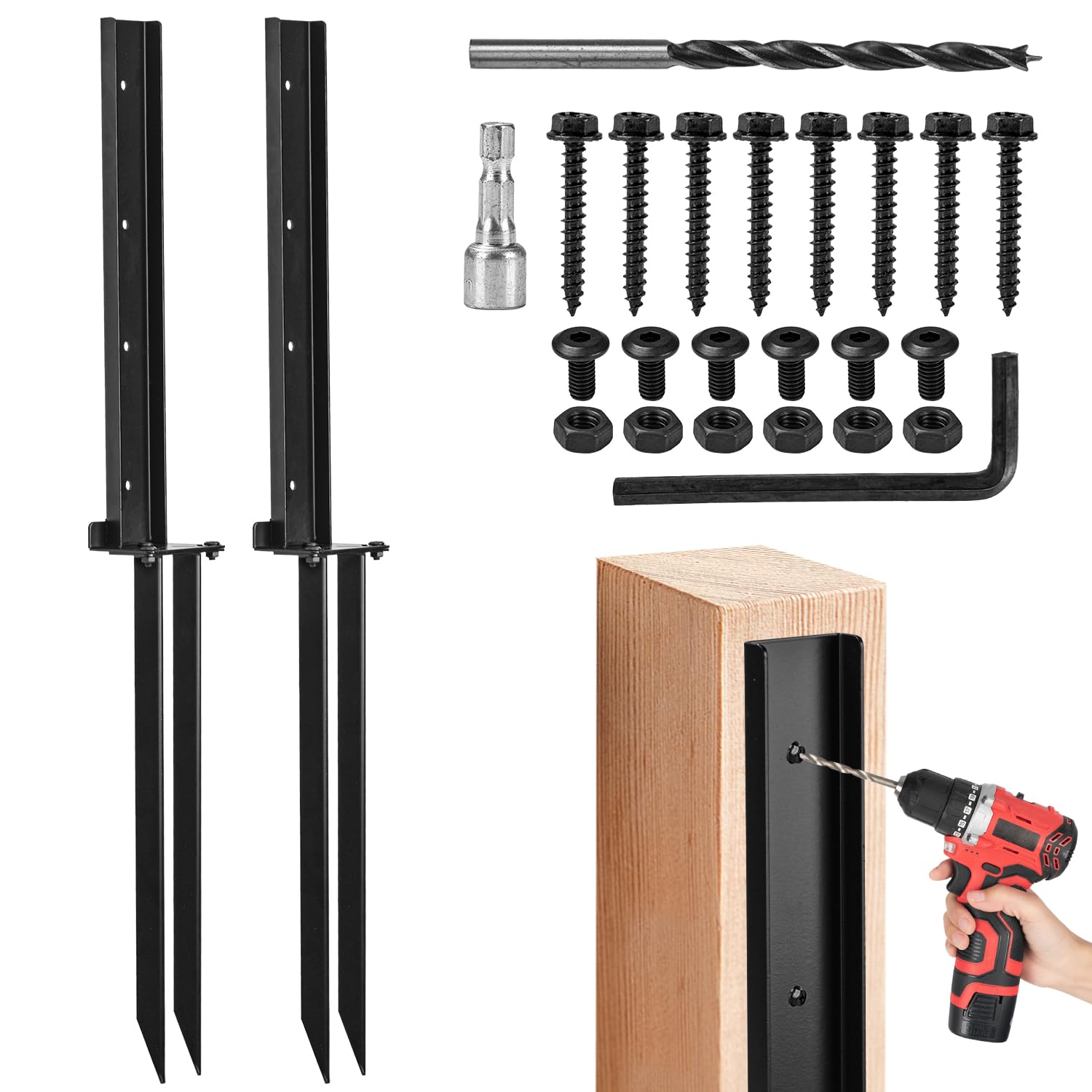 Btowin VCF 2 Pack Fence Post Repair Kit, Fence Post Support Repair Kit, Heavy Duty Black Stainless steel Post Anchor Ground Spike,Repair Stakes for Tilted Broken Wood Support Set of 2 Black