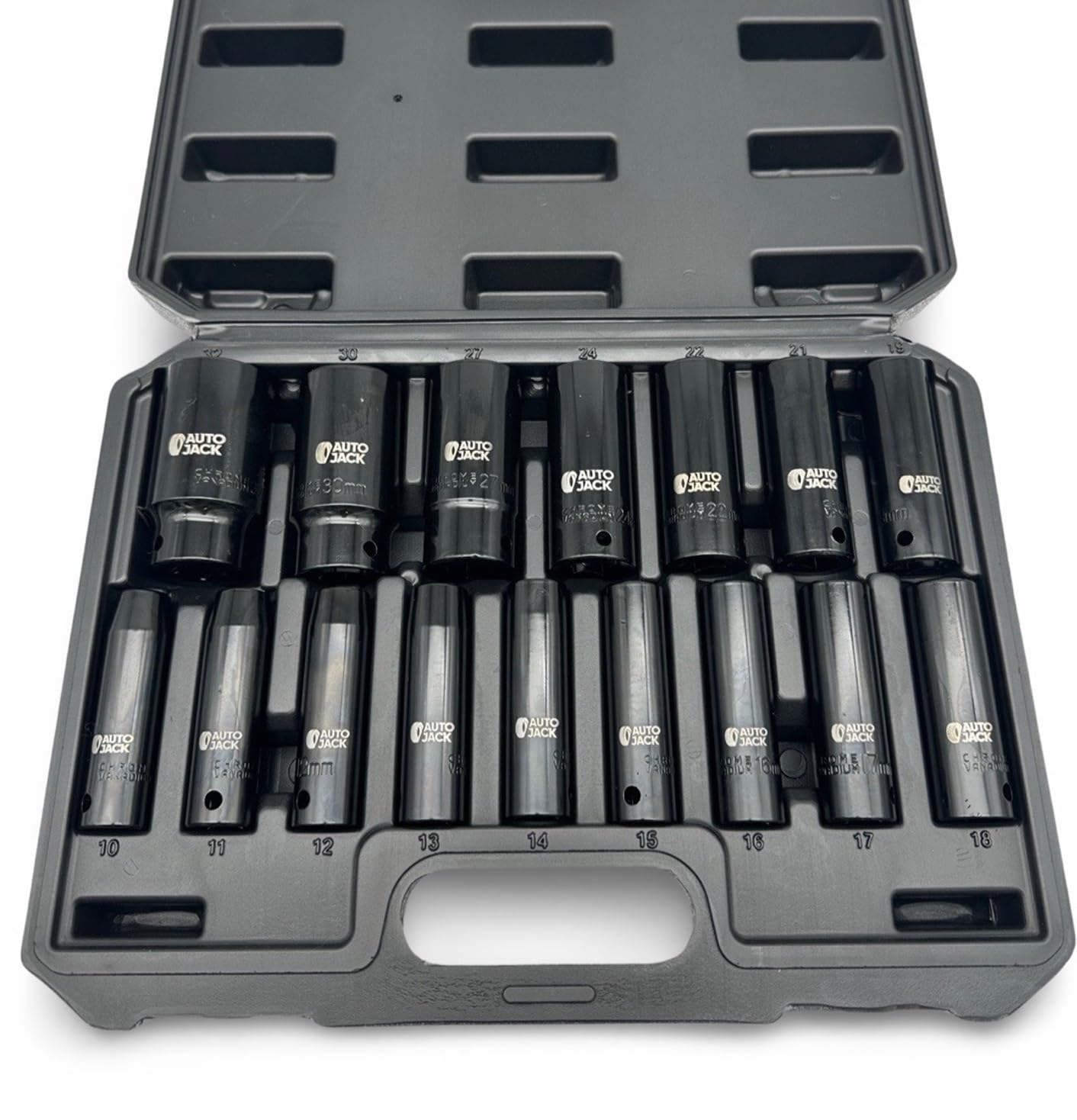 Autojack Impact Socket Set 1/2 inch Square Drive Metric 16pcs 10-32mm Long Sockets, Impact 6 Point with Black Strong Case