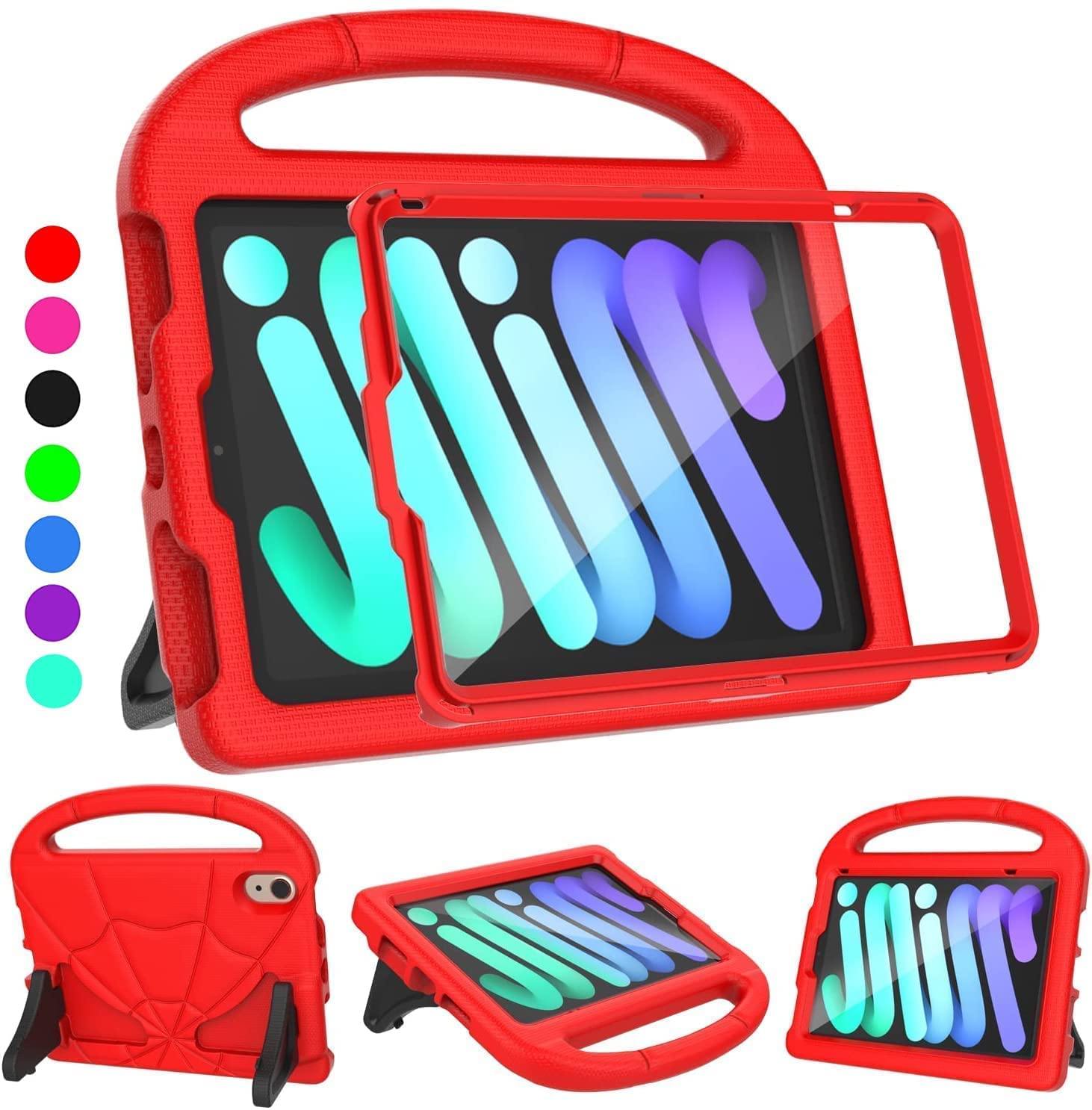 2024 Newest iPad Mini 7(A17 Pro)& iPad Mini 6 (A15) 2021Tablet Case for Kids (7th/6th Generation),Lightweight Shockproof Kid-Proof Cover Built-in Screen Protector with Handle Stand Tablet Case - Red