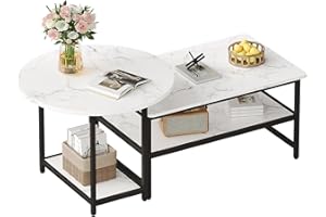 WOHOMO 48IN Faux Marble Wood Coffee Table with Adjustable Shelf, White Nesting Tables 2 in 1, Small Coffee Tables for Living Room