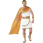 Morph, Toga Costume Men, Greek God Costume Mens, Halloween Costumes for Men | White Toga with Attached Metallic Gold Cape, Leaf Headpiece, Gold Belt &amp; Golden Arm Cuffs Included, Perfect for Halloween