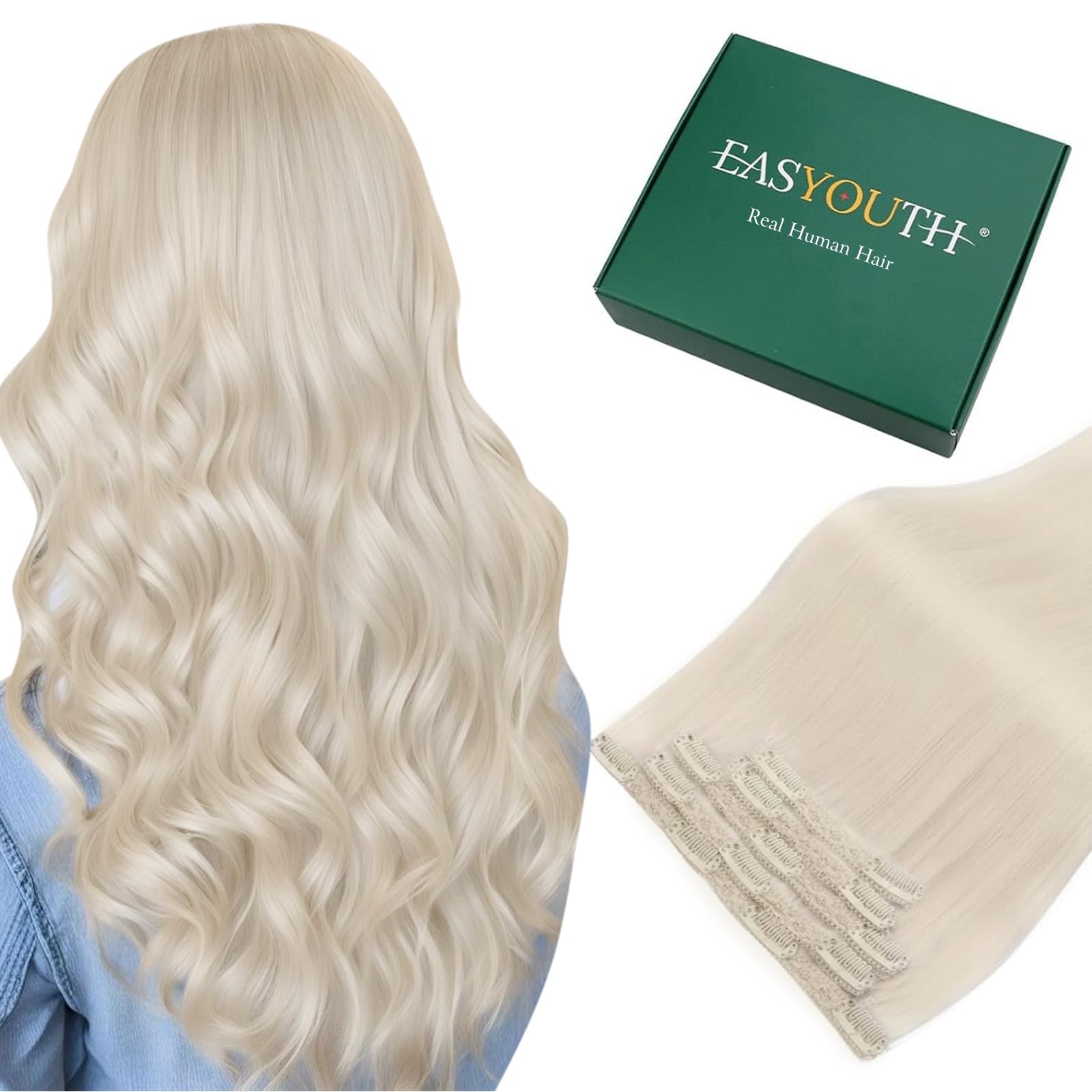 Easyouth Clip in Human Hair Extensions Blonde Clips in Hair Extension Real Human Hair White Blonde Clip ins Extensions Remy Natural Hair for Women 12Inch 70g 5Pcs #1000 — image 1
