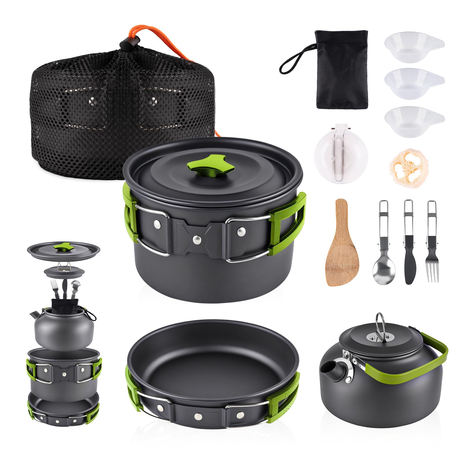 aiGear Camping Cooking Set | Portable Lightweight Aluminum | Camping Pans and Pots Set | Outdoor Traveling Cooking Utensils Kit | for Trekking Hiking Picnic (CC5339GN)