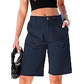 luvamia Bermuda Shorts for Women Knee Length High Waisted Cotton Elastic Waist Summer Dressy Casual Long Chino Shorts