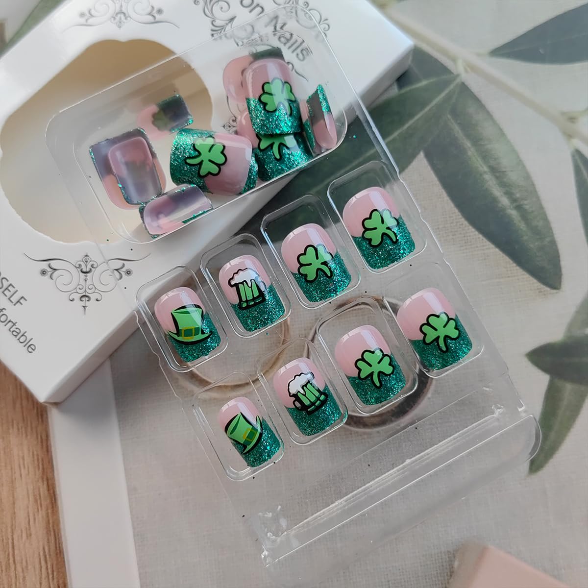 24Pcs St. Patrick's Day Press on Nails Short Fake Nails Lucky Shamrock Stick on Nails Green French Tip False Nails Coffin Shape Glue on Nails Irish Clover Acrylic Nails for Women Spring Holiday Nails - Image 3