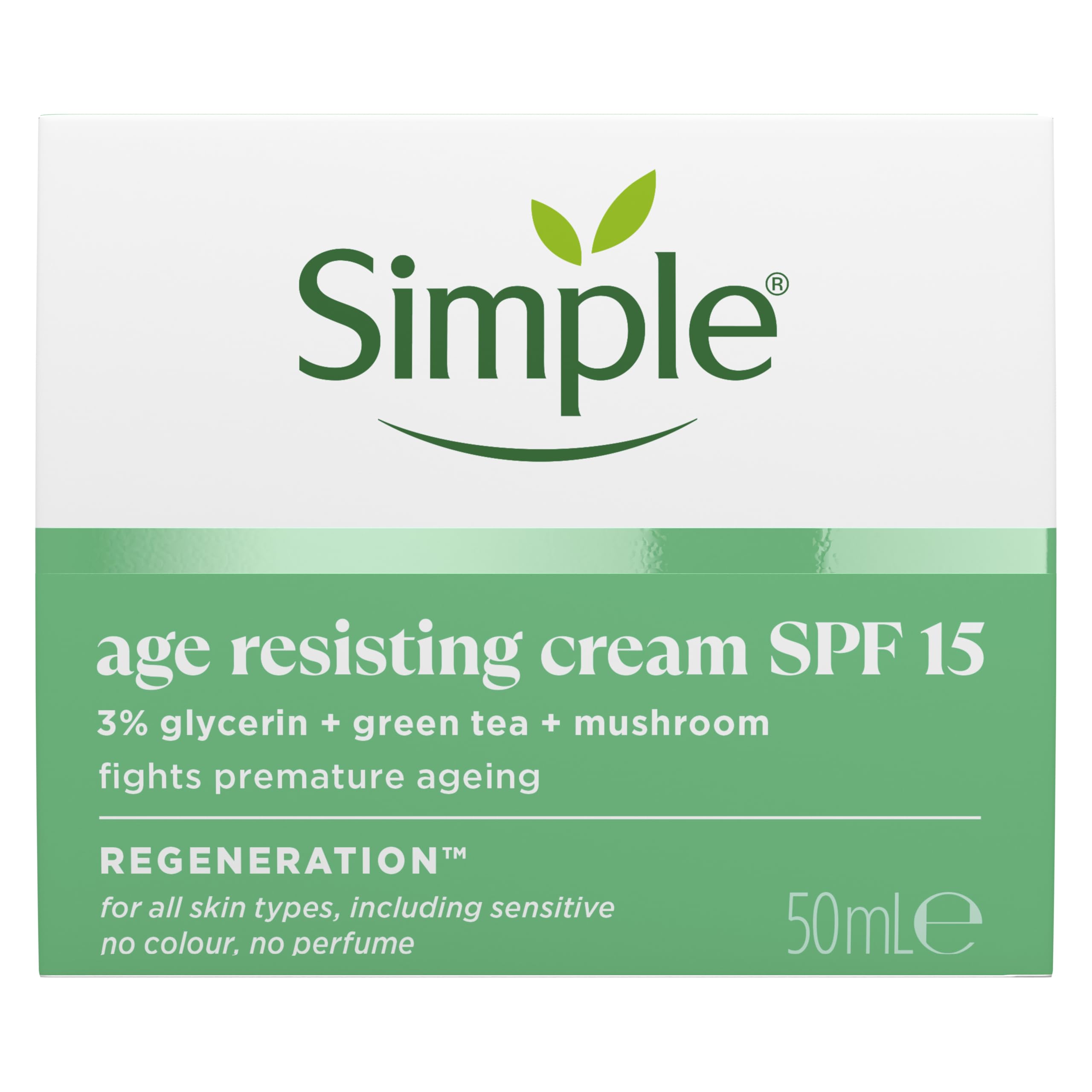 Simple Regeneration Age Resisting Face Cream SPF 15 with 3% Glycerin, Green Tea and Mushroom Extract Anti-Ageing Moisturiser 50 ml