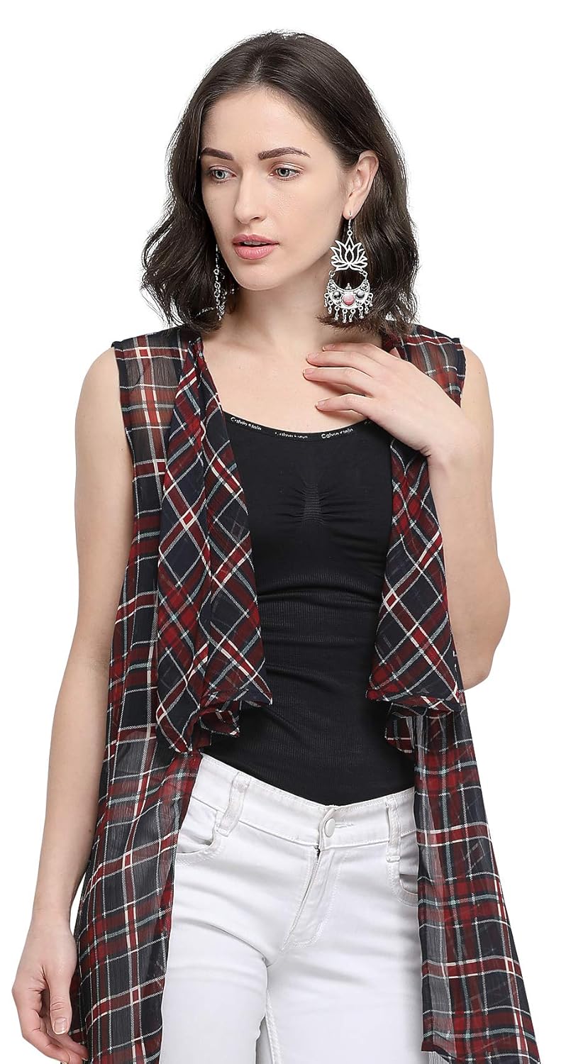serein women's black geometric print georgette sleeveless shrug/long jacket