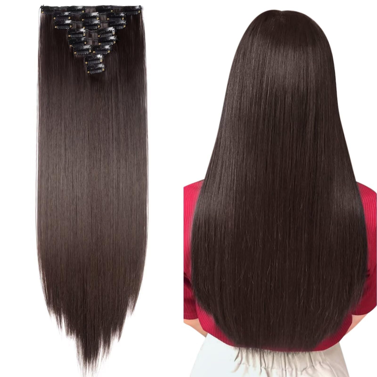 Silk-co 23" 8PCS Hairpiece Clip in Hair Extensions Dark Brown 100% Synthetic Hair Piece Long Straight for Full Head — image 1