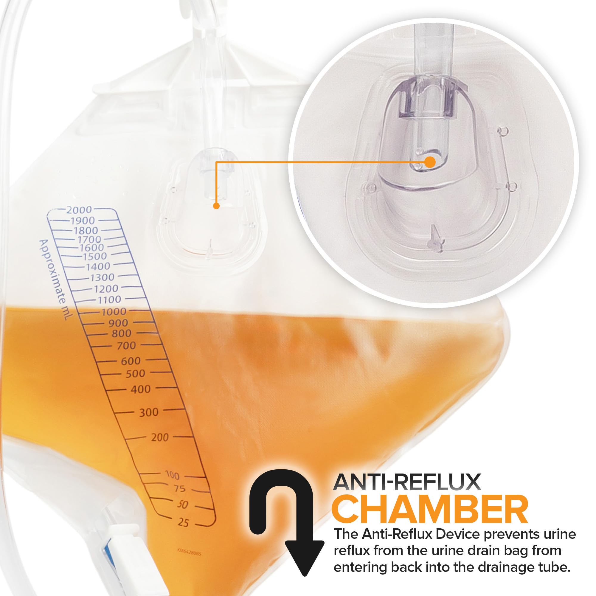 RUSCH Urine Drainage Bag with 18” Extended Tube (5 Pack) - Urine Bag with Anti-Reflux Chamber with Splash-Resistant Drain Spout - 2000 mL Vinyl Urine Bags for Men - 40