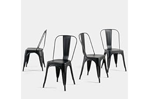 SOLEGGIATA Metal Dining Chair Set of 4 Stackable Indoor Outdoor Industrial Vintage Chairs Bistro Restaurant Kitchen Cafe Side Chairs Matte Midnight Black
