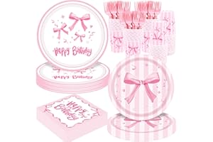 REDWORD Pink Bow Birthday Decorations, 120Pcs Bow Party Tableware Plates Napkins Cups for Pink Birthday Girls Bachelorette Party Decorations-Serves 24