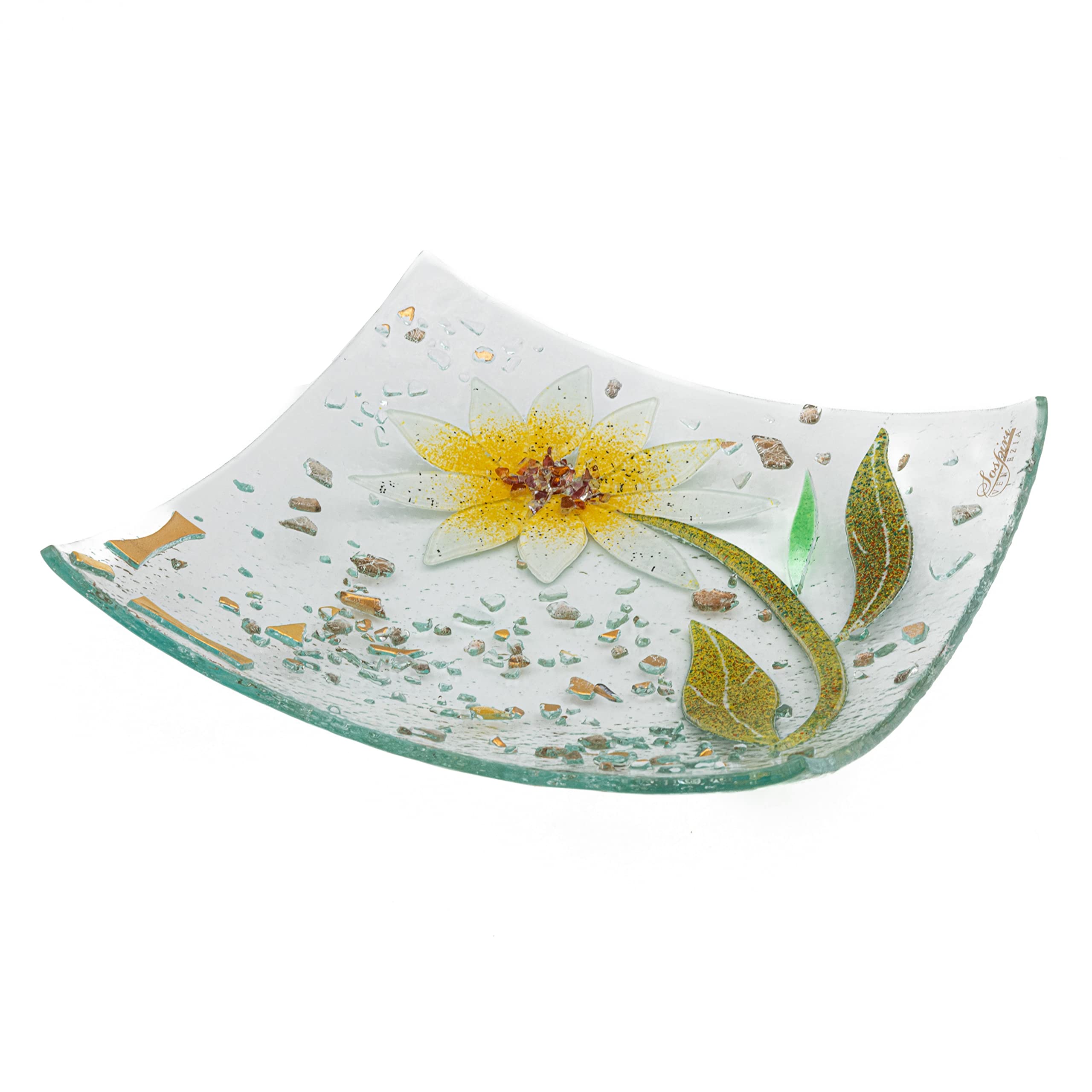 Sospiri Venezia Tidy Tray Ornament Plate Decor Floral Murano Glass Centerpiece Home Furnishing Decor Gift Handmade Made in Italy (Gerbera cm19x19 Square)