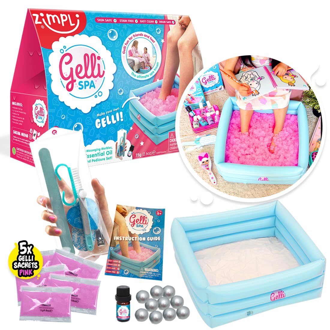ZIMPLI - Gelli Spa, 5 Use Pack, Pedicure Set, Massaging Marbles & Mint Essential Oil, Kids Pamper Sleepover Party Treat for Tweens, Xmas Gift for Girls