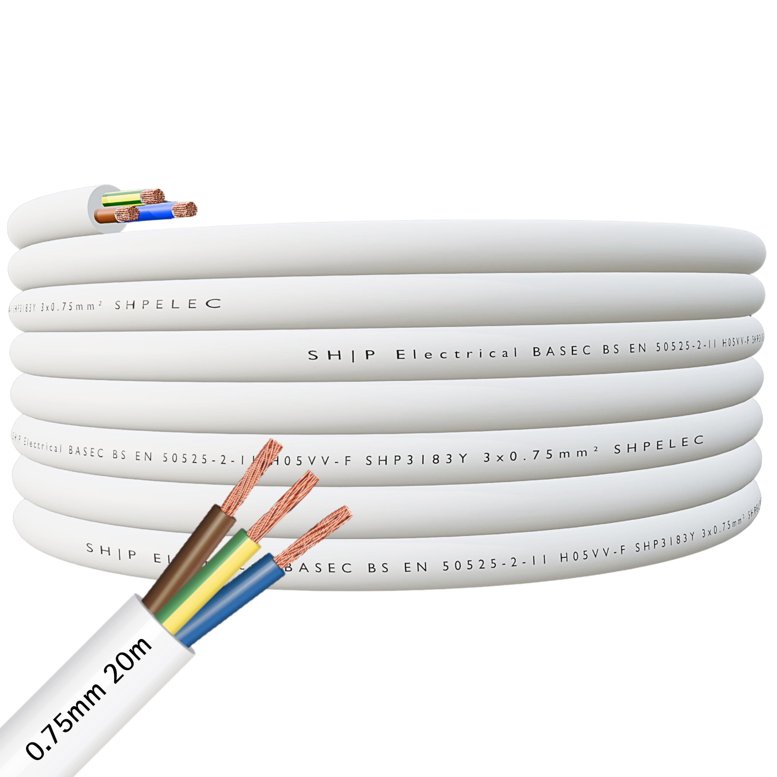 SHPELEC® FLEXIBLE White Cable 3183Y 0.75mm, 1.0mm, 1.5mm, 2.5mm BASEC Approved White PVC LED Lighting 5m 10m 15m 20m 50m (0.75mm 3 Core - 20metres)