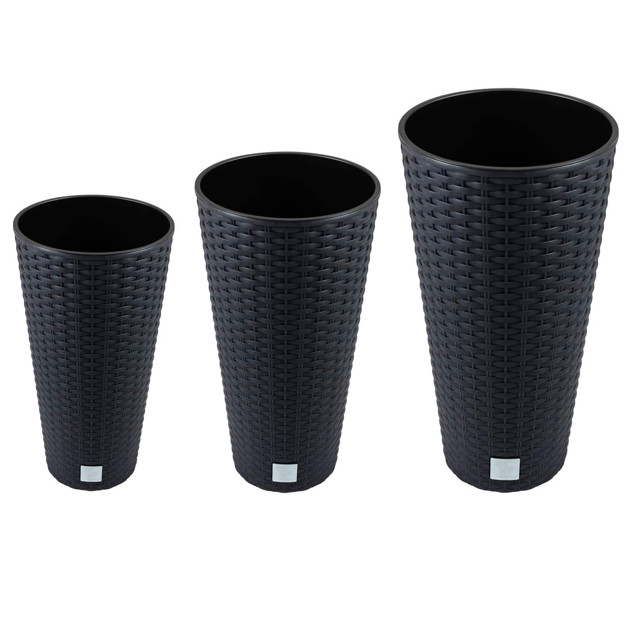 WELLHOME Pack of 3 Tall pots with Prosperplast Rato Tubus Tank (8/15.5/27 L) in Anthracite, Rattan Plastic, Black/White, Pack 3 maceteros