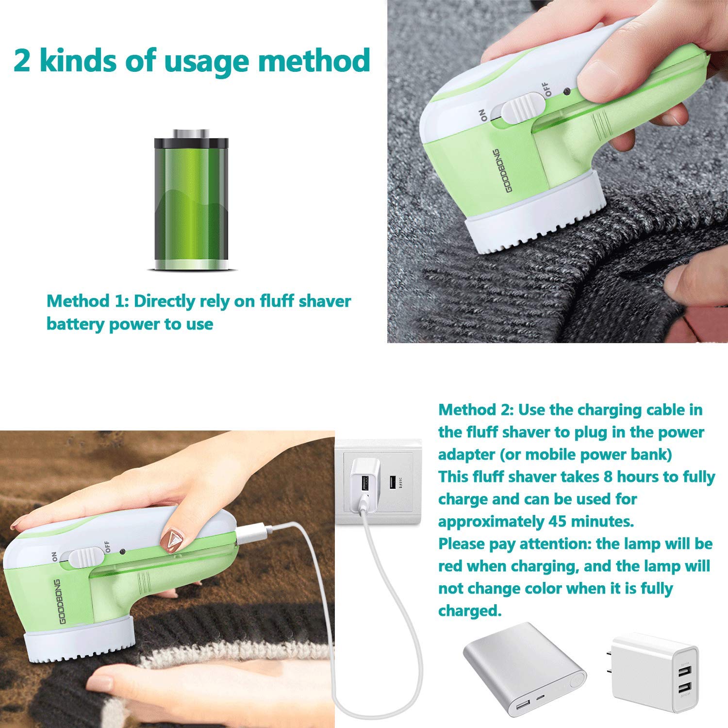 GOODBONG Fabric Shaver Rechargeable, Electric Lint Remover, Sweater Shaver Defuzzer 1 Replaceable Stainless Steel 3-Blades, Removable Bin, Dual Protection - White Green