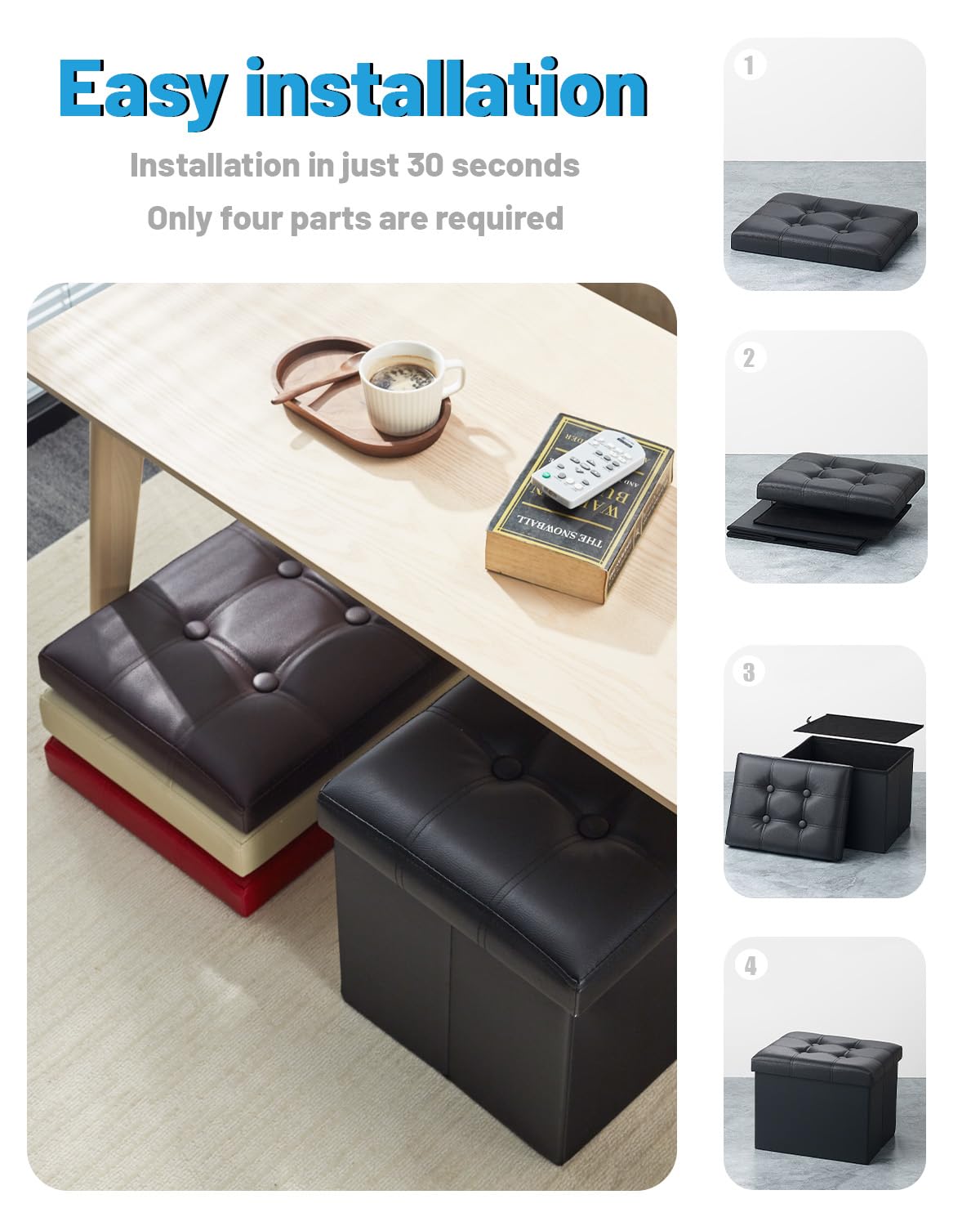 AmasSmile Storage Ottoman Folding Foot Rest Stool, Leather Footstool Bench, Short Ottoman Stool, Storage Foot Rest Store, Books (Black, 13" D x 17" W x 13" H) - Image 7