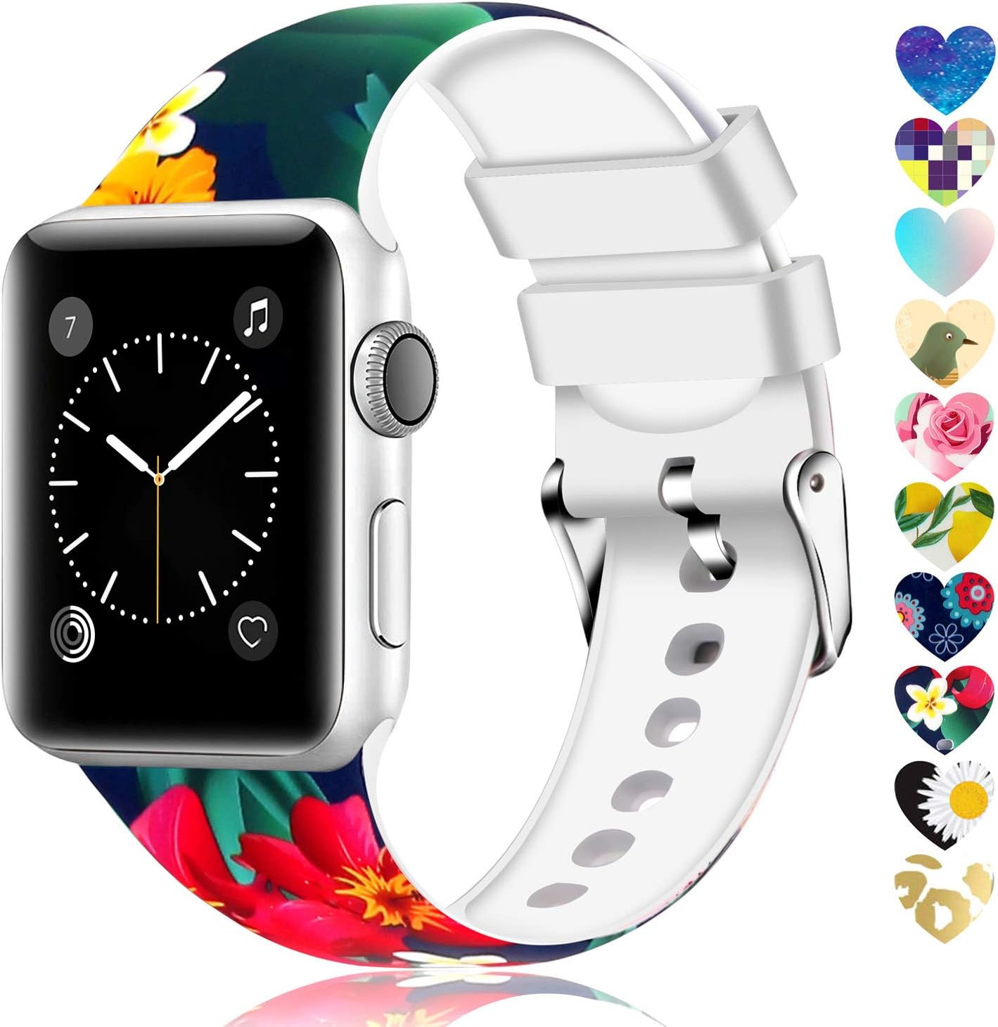 Moretek Colorful band Compatible for Apple Watch 38mm 42mm 40mm 44mm,Soft Silicone Sport Replacement Strap for iWatch Series 5 4 3 2 1, Nike+, Edition Women Men (Flower 8, 38/40mm)