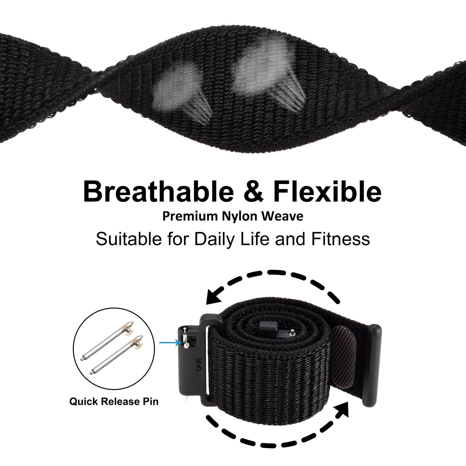 WOCCI WOCCI 18mm Adjustable Nylon Watch Band, Quick Release Sport Loop Strap (Black)