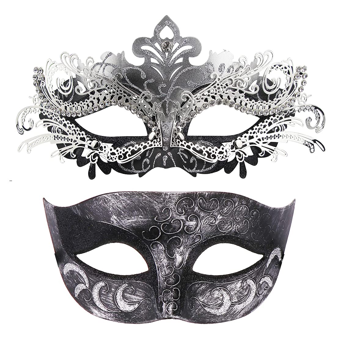 Qavctw Couples Venetian Masquerade Metal Masks for Mardi Gras Halloween Costume Ball Prom Mask 2 Pack