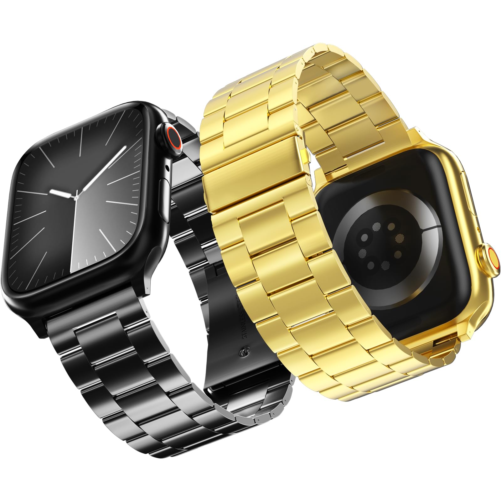 Photo 1 of 2-Pack Compatible for Apple Watch Band 49mm 46mm 45mm 44mm 42mm, Rugged Stainless Steel Replacement Strap Metal Bands for iWatch Ultra 2/1 Series 10/9/8/7/6/5/4/3/2/1/SE/SE2 Women Men Black+Gold)