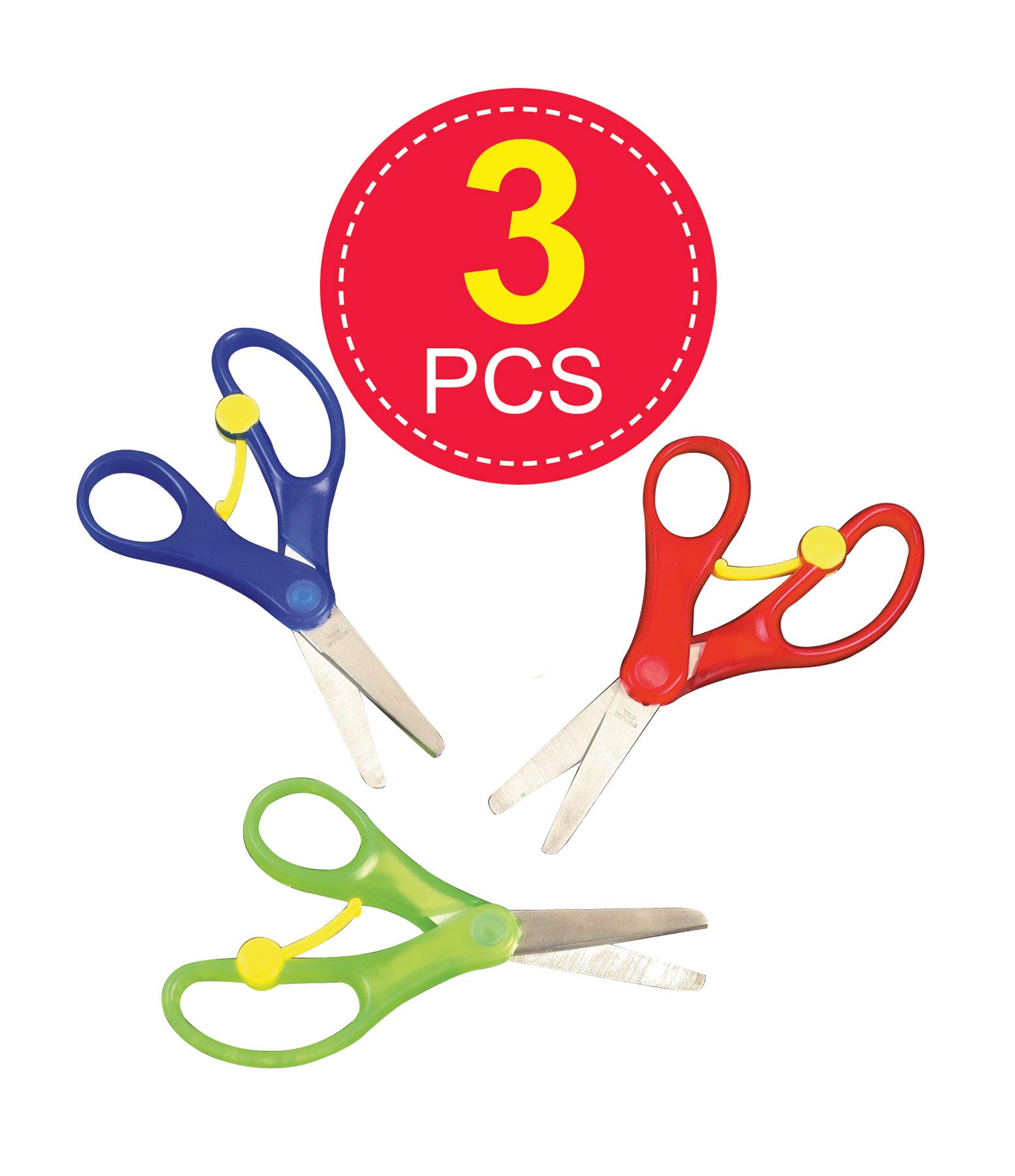 Baker Ross E7376 Spring-Loaded Scissors - Pack of 3, Small School Childrens Kids Scissors, Stainless Steel Blades Safety Comfort Grip Handles Student Toddler Craft Cutting, Assorted Colour, 13cm