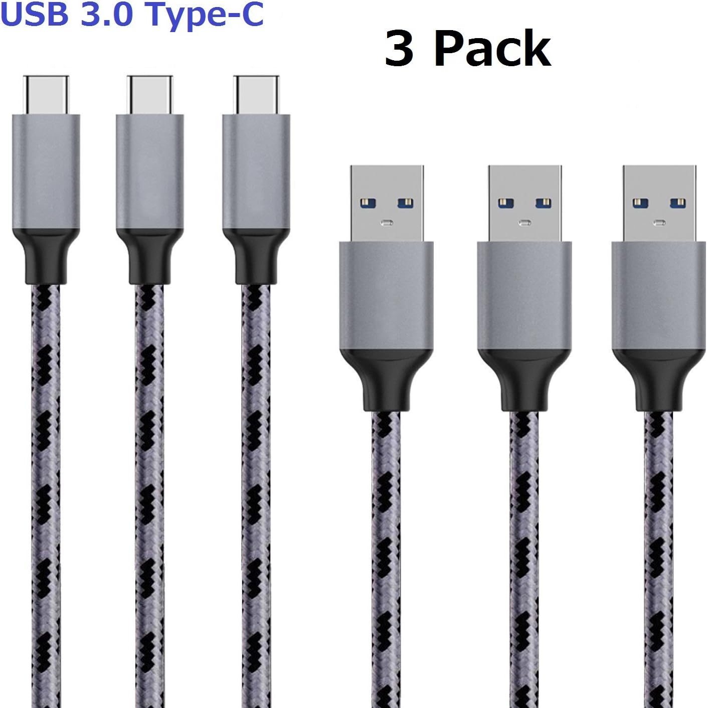 USB3.0 Type C cable, (3.3ft/3-Pack) USB C to USB 3.0 Cable Nylon Braided USB C Charger Cord For Samsung S8, S8 Plus, Nintendo Switch, Nexus 6P, Sony XZ, LG G5 G6, Google Pixel and More(black and grey)