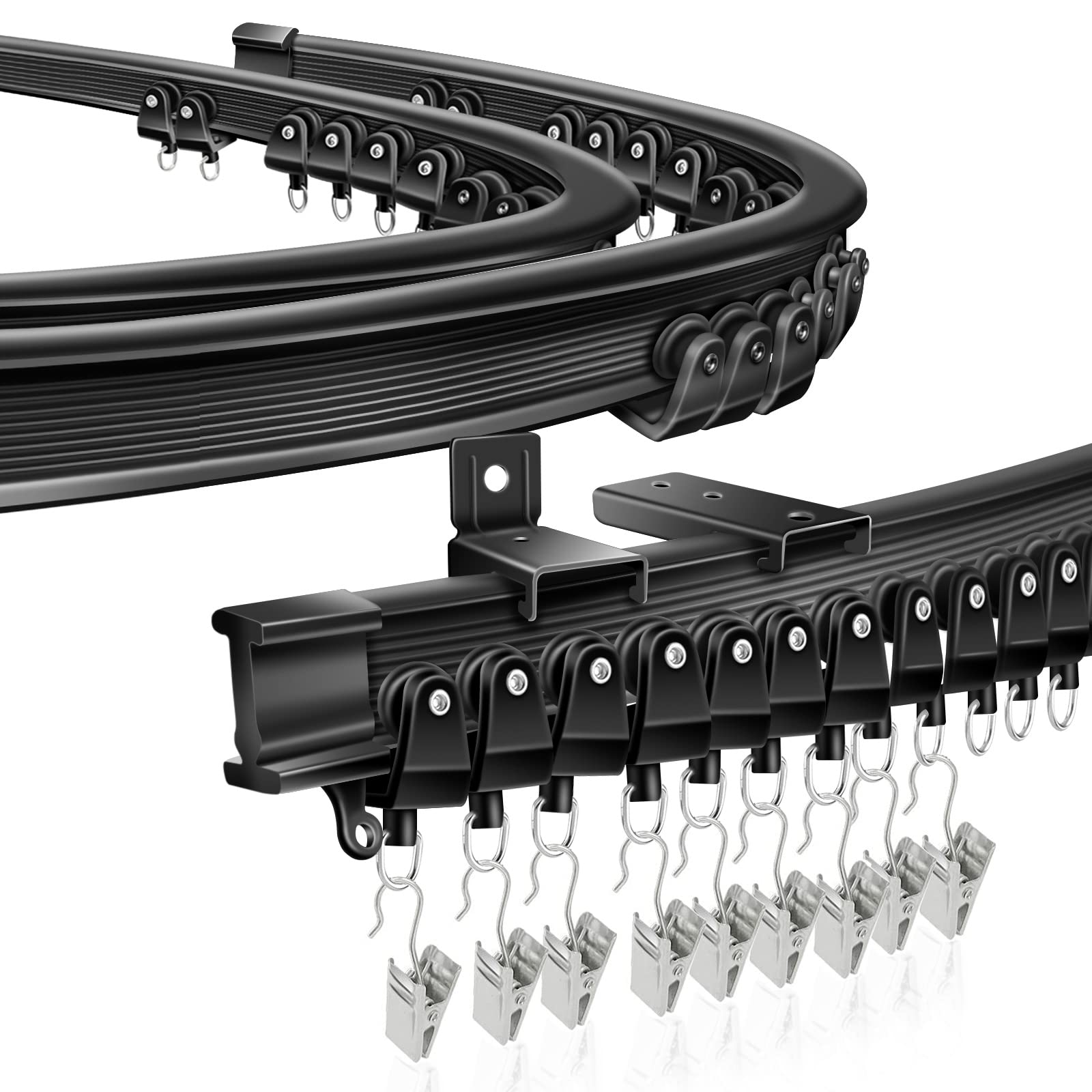 Ceiling Curtain Track for Bay Window, 5M/16.4FT Flexible Bendable Curtain Rail Track Ceiling Wall Mounted, Plastic Ceiling Track System for Shower Room Divider RV, Black Curtains Tracks and Fittings