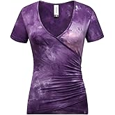 Beauhuty Women's Deep V Neck Short Sleeve Front Wrap Ruched Sexy Slim Fit Tops