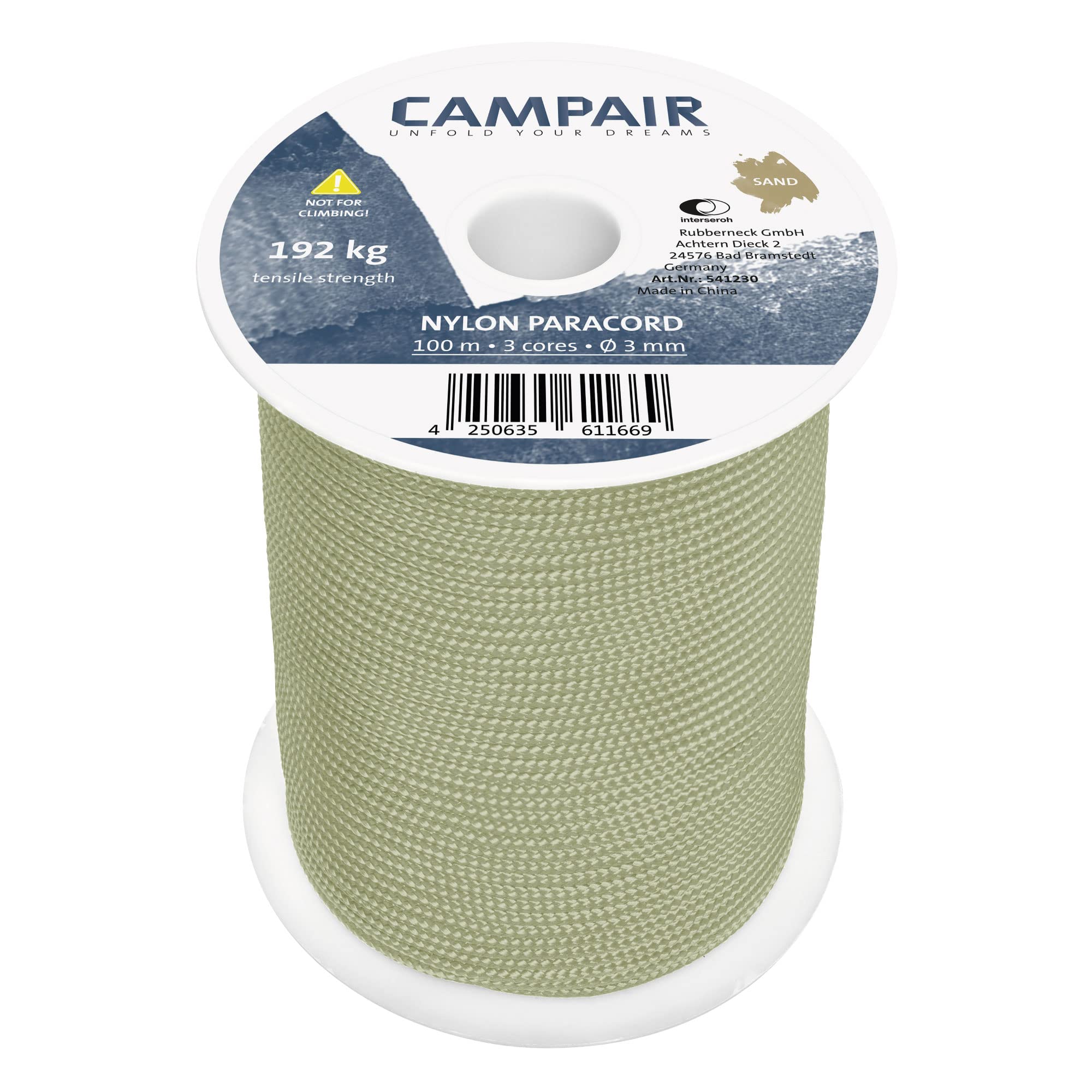 CampAir 100m Reel of Nylon Paracord 425 Type II 3mm - for Camping, Do-it-yourself, Hammock, Tent (Sand)