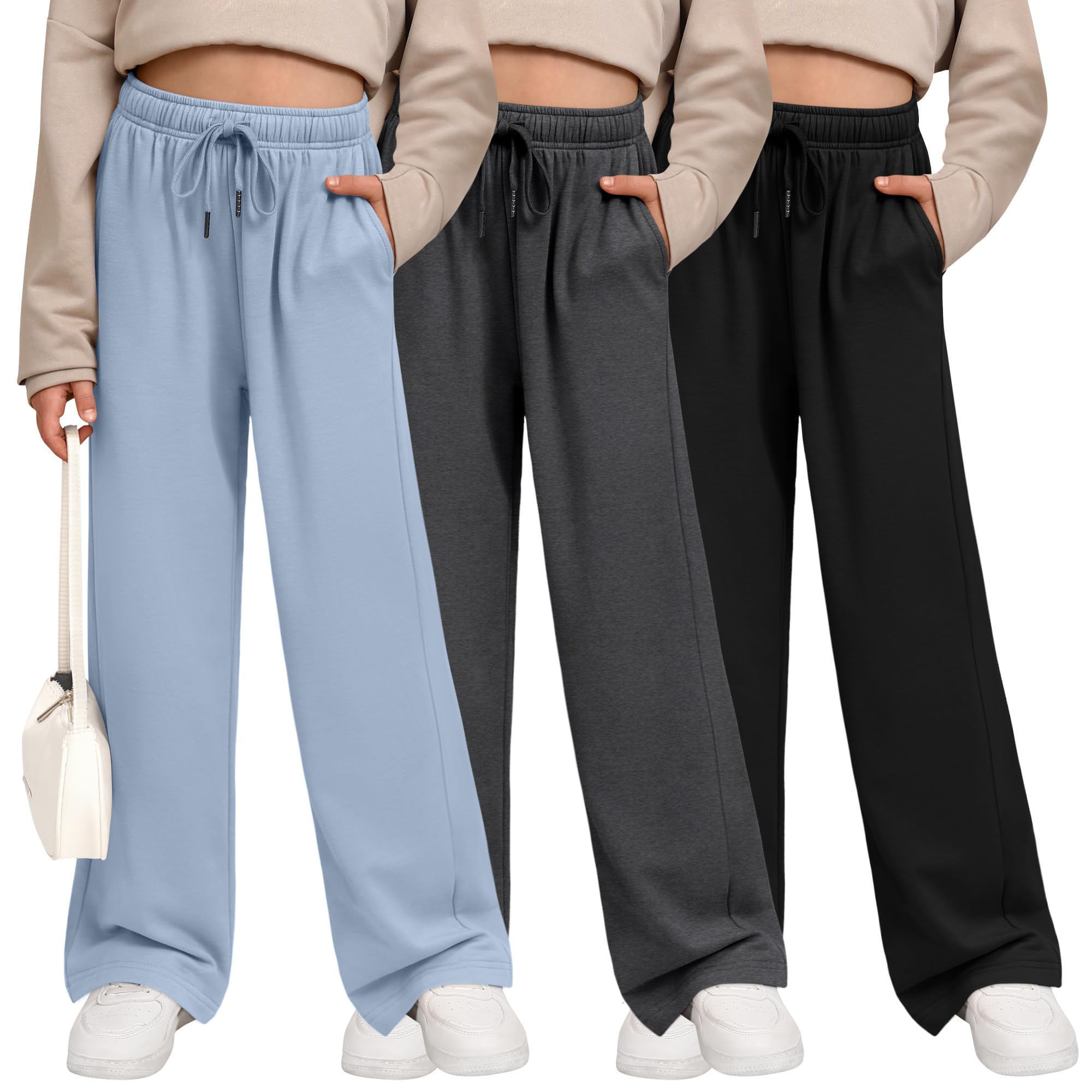 Photo 1 of LessonZoo 3 Pack Girls' Sweatpants Wide Leg Drawstring Casual Kids Joggers Open Bottom Loose Solid Teen Pants with Pockets(Light Blue, Dark Gray, Black,Medium)