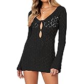 Saodimallsu Womens Crochet Cover Up Long Sleeve Sexy Bodycon Sheer Knit Summer Beach Swimsuit Coverup Cut Out Mini Dress
