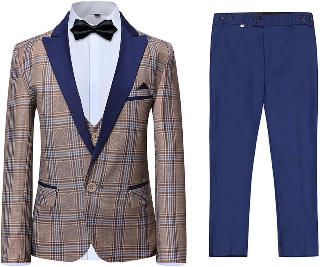 Boyland Boys 3 Pieces Tuxedo Suit Set Plaid Slim Fit Blue Peak Lapel Jacket Tux Vest Blue Pants Party Wedding