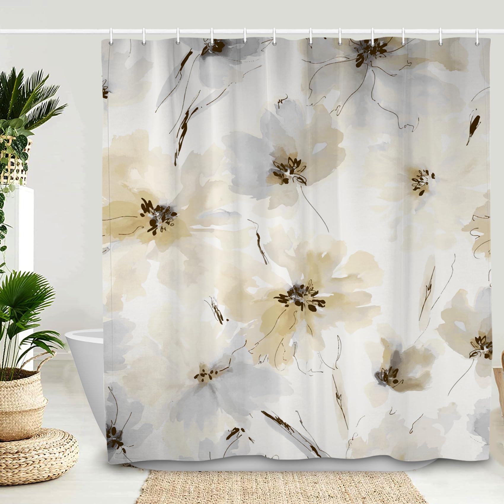 Ttincceer 71x79inch Floral Shower Curtain Watercolor Grey Flower Abstract Bathroom Curtain Retro Mid-Century Shower Curtains Waterproof Bathtub Curtain 180x200cm — image 1
