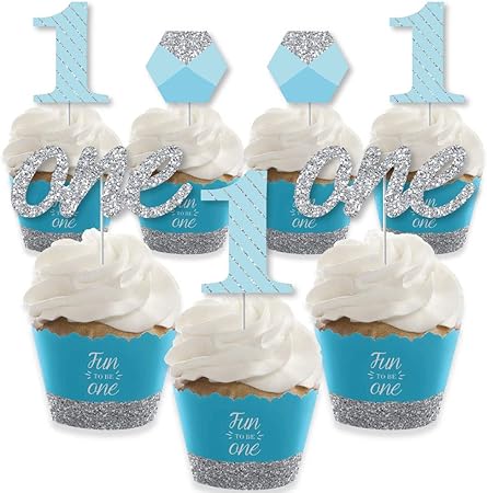 Amazon Com 1st Birthday Boy Fun To Be One Cupcake Decoration First Birthday Party Cupcake Wrappers And Treat Picks Kit Set Of 24 Toys Games