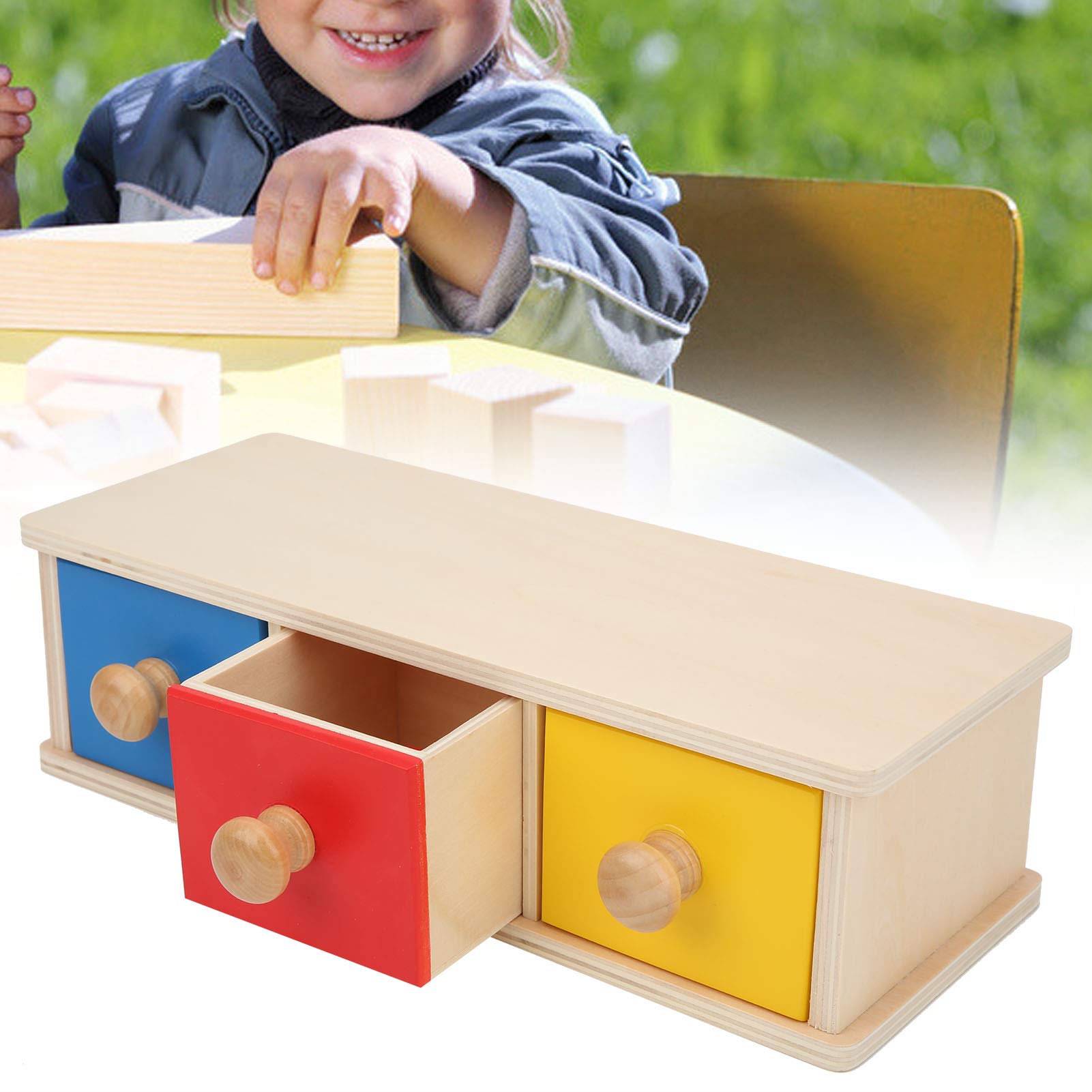 jadenzhou Imbucare Box, Baby Wooden Coin Ball Box Montessori Box, Desktop Toy for Toddler Children Baby(Three-color ball drawer, blue)