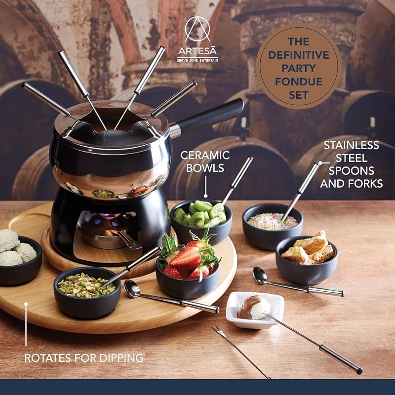 Artesà Set per Fonduta con Piatto Girevole Lazy Susan, Pentola per Fonduta in Acciaio Inossidabile con Bruciatore, Pentole per Tuffi e Utensili, Set di 22 Pezzi, Nero
