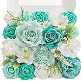 TINGE TIME Artificial Flowers Combo Mix Silk Flowers Teal Green Roses w/stem for DIY Wedding Bridal Bouquets Baby Shower Floral Arrangement Table Centerpieces Home Decorations (Teal Green)