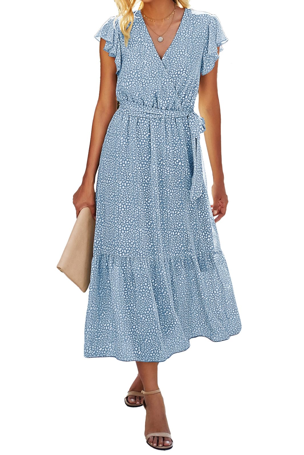 Photo 1 of BTFBM Women Summer Bohemian Floral Casual Wrap V Neck Ruffle Cap Sleeveless Belt A-Line Pleated Hem Swing Midi Sun Dress (Light Blue, Large)