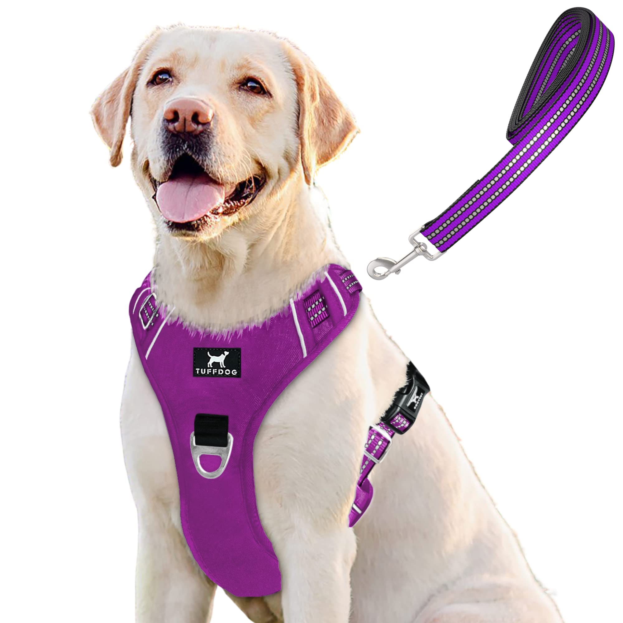 TUFFDOG Easy-Fit Dog Harness - Fast Release Neck Clip, Premium Padded Reflective No Pull Harness with Control Handle, Adjustable Step-in Dog Vest Plus Free Matching Lead (XL, Vivid Violet)