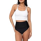 Coral Reef Swim Tankini Swimsuits for Women - White Double Strap Tankini Top & Black High Rise Ruched Swim Bottoms (XXS-3XL)