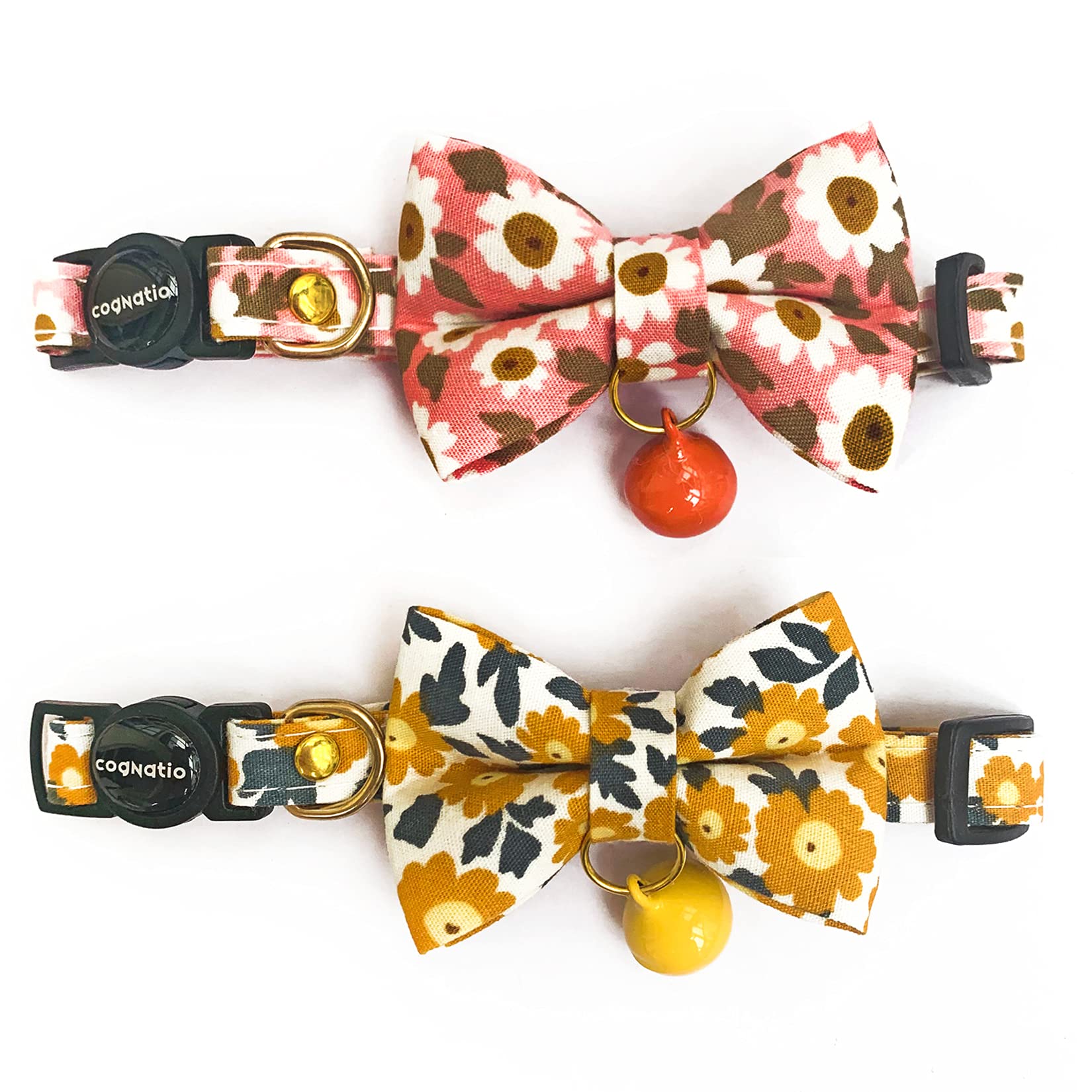 Cognatio Cat Collars with Bells and Safety Release Buckle, Floral Bow Tie Kitten Collars, Adjustable 20-30 cm, 2 Pack, Pink+Orange — image 1