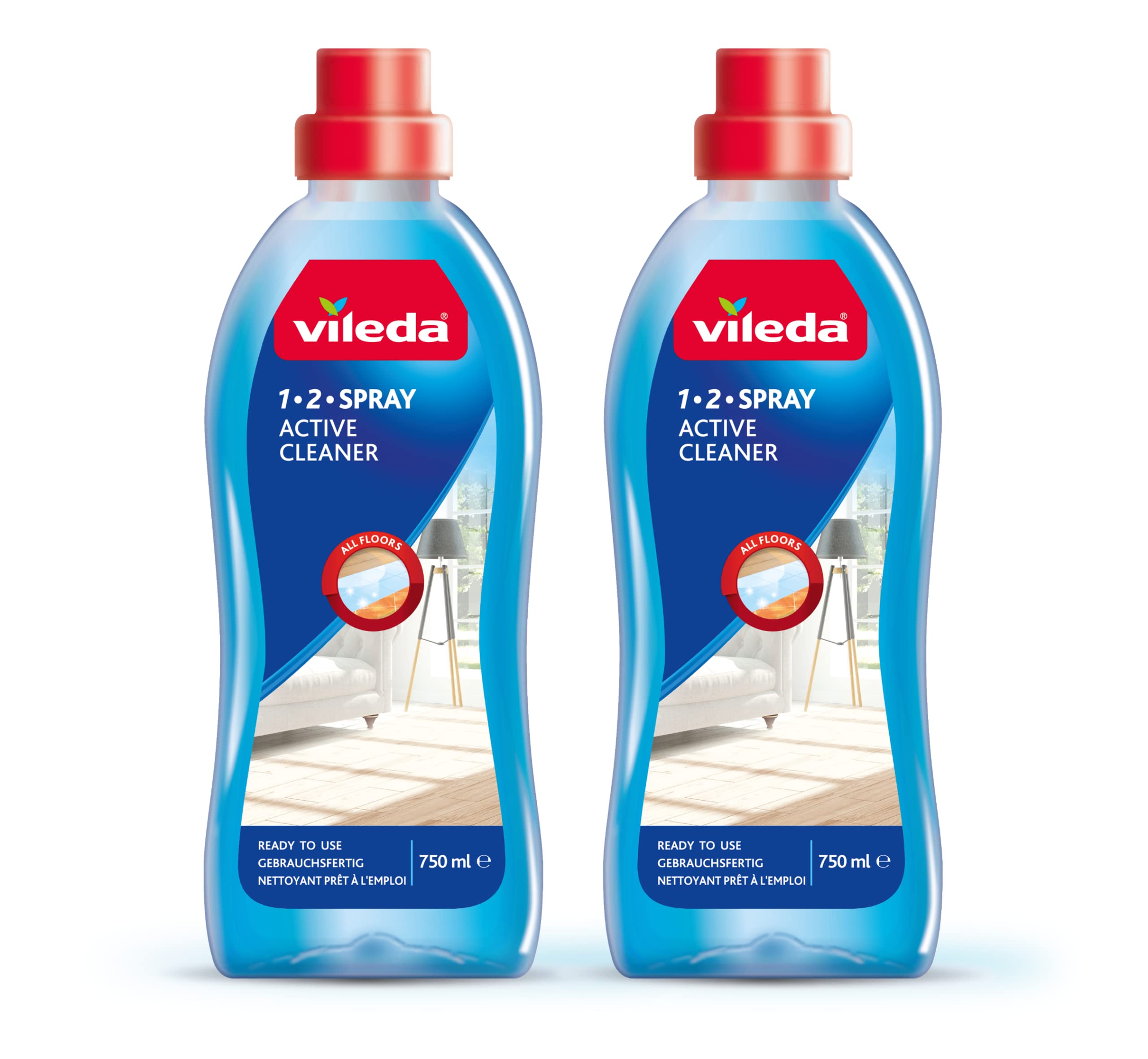 Vileda 1-2 Spray Active Cleaner, Diluted Cleaning Liquid for 1-2 Spray Mop, Pack of 2 750ml, Streak Free Cleaning Solution for Floors, Fresh Scent