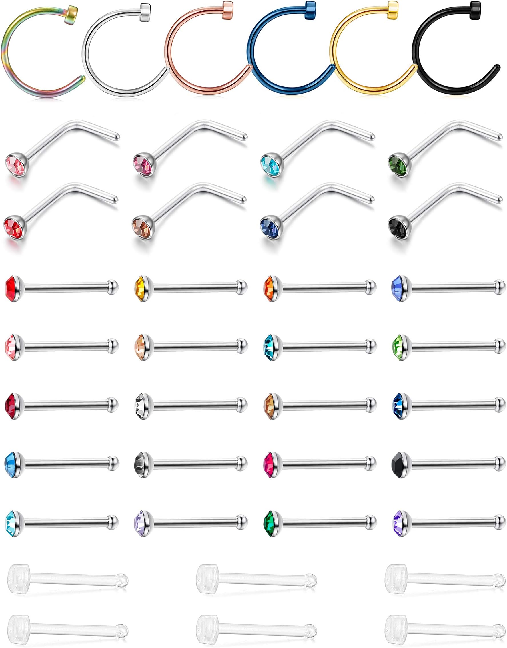FIBO STEEL 36-39 PCS 20G Body Piercing Jewelry Stainless Steel Nose Rings CZ Stud for Women Men Cartilage Tragus Ear Piercing Set