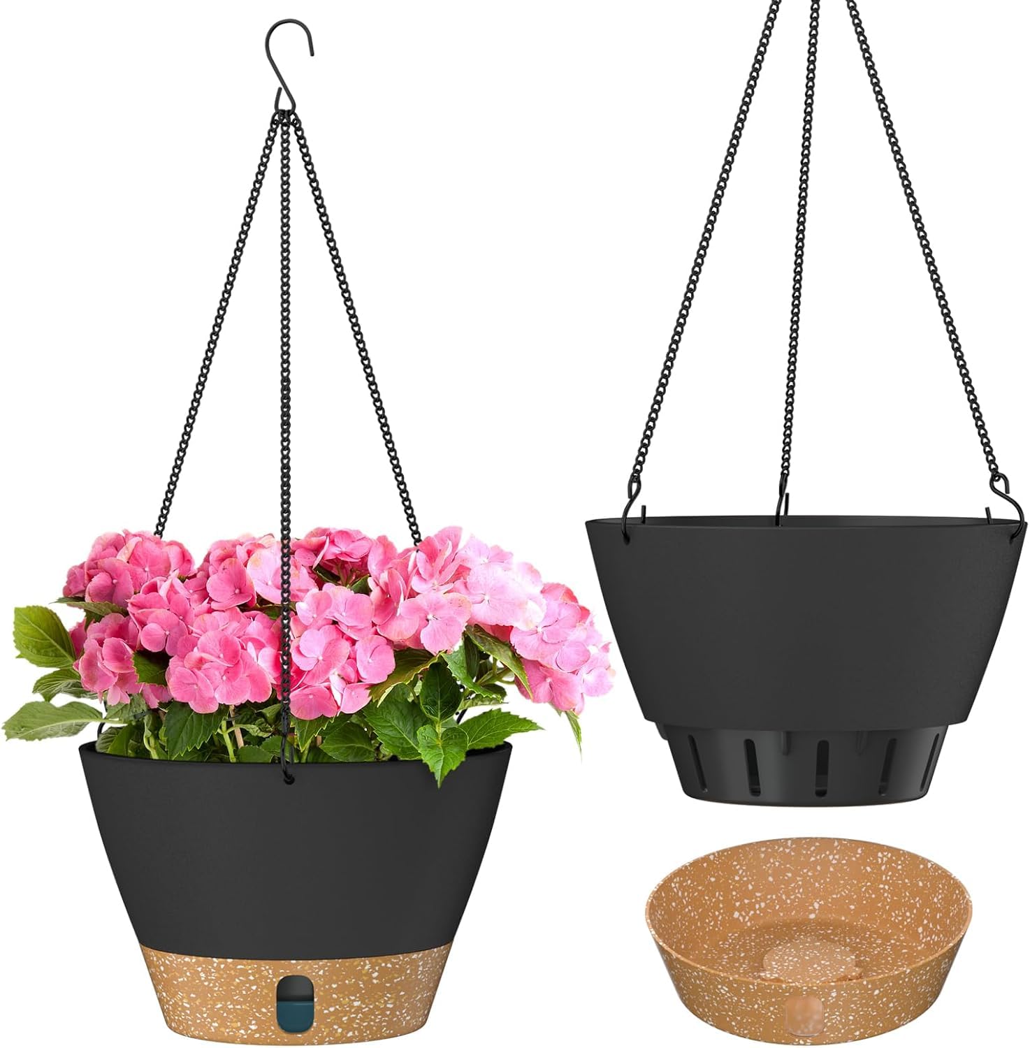 ZMTECH 20cm Hanging Plant Pots 8 Inches Hanging Planters with Saucer Drainage Holes Visible Water Level Hanging Pots for Indoor Outdoor Plants (Set of 2, Dark Grey)