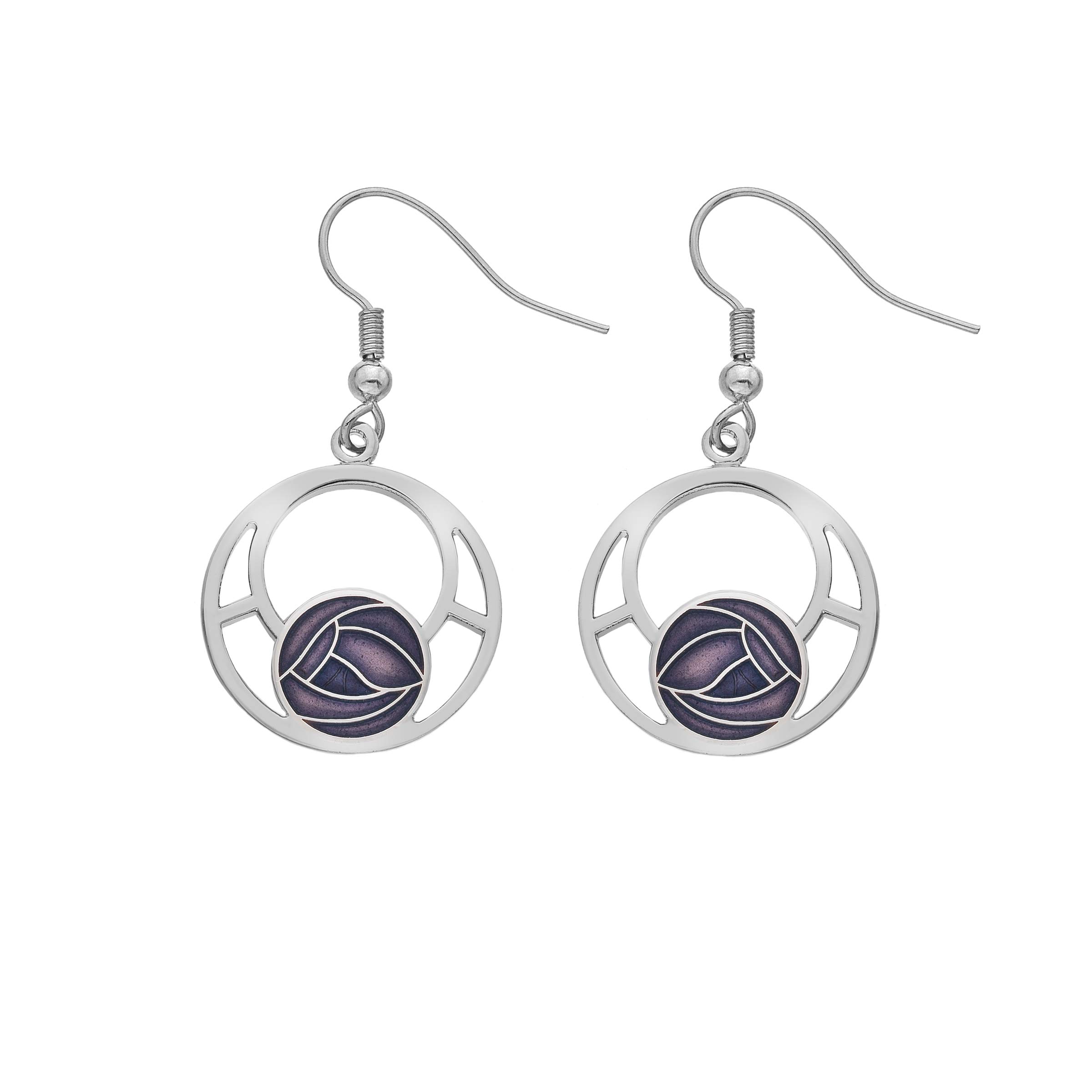 Rennie Mackintosh Inspired Round Rose 20mm Hook Earrings (Purple)