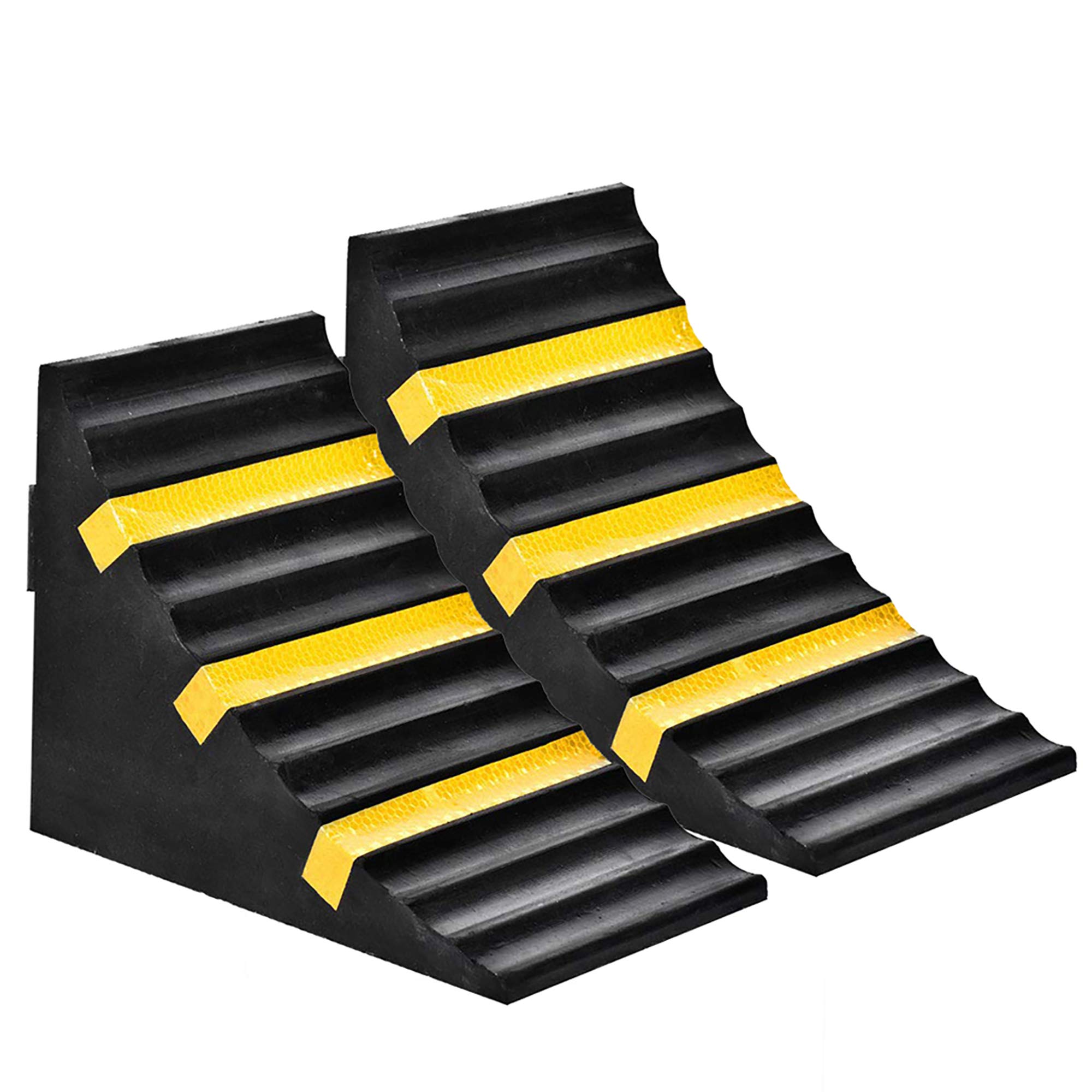 Photo 1 of RELIANCER 2 Pack Wheel Chocks Heavy Duty Extra Large Industrial Rubber Wheel Chock Blocks w/Handle Reflective Strips for Travel Trailer Hauler Truck Fire Truck Commercial Vehicle RV 10" x 6" x 7.3"