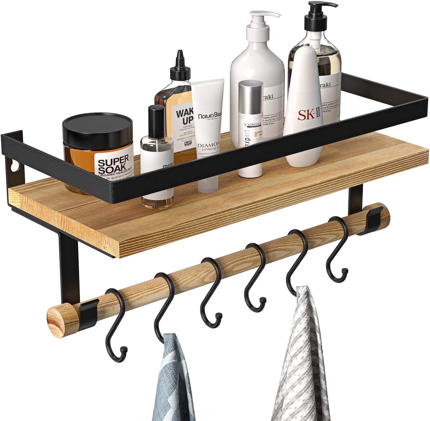 Floating Shelf with Removable Towel Bar and 6 Hooks, Rustic
